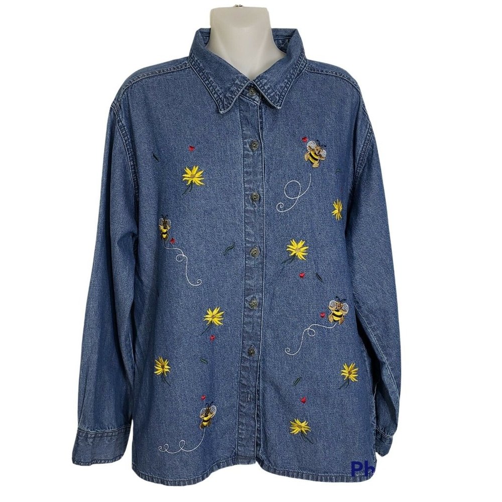Vintage Coolwater Creations Women's Shirt Large Blue Denim Button Embroidered
